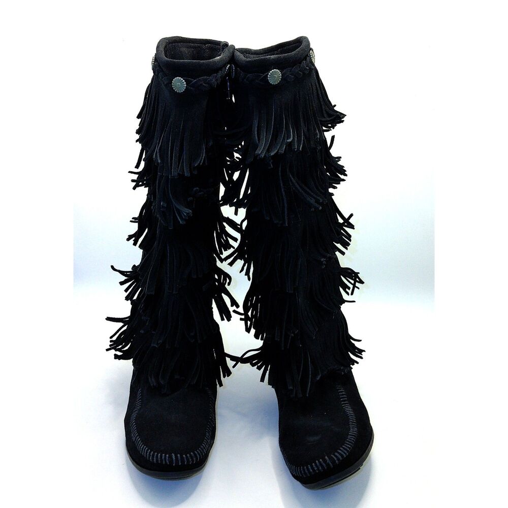 Winnetonka Women’s Black Suede Fringe Boots Mid‑Calf Moccasin Style Concho Trim
